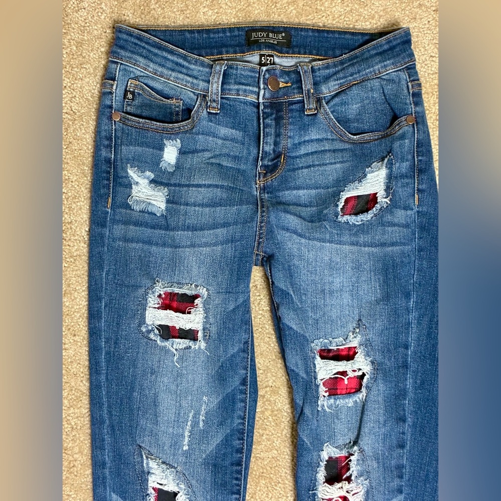 Judy Blue Blue Skinny Jeans with Red Plaid Patch Details